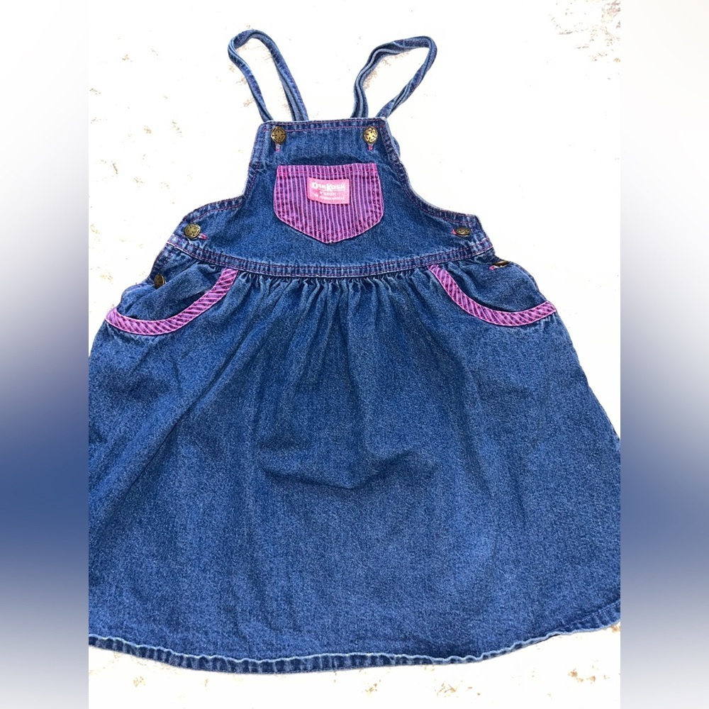 Vintage OshKosh B'gosh Blue Overall dress with Pink Details